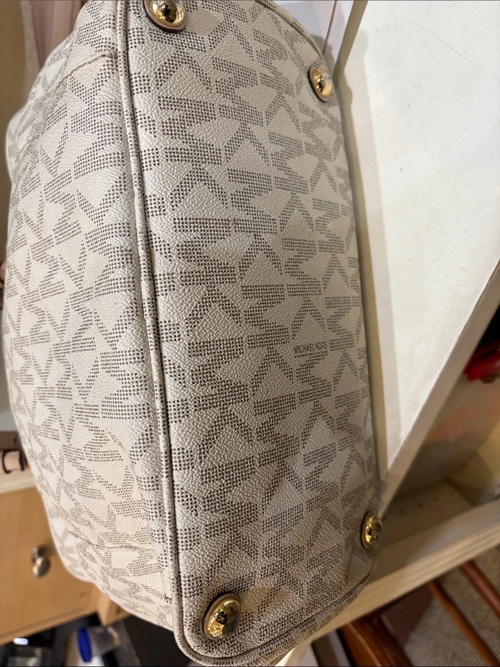 Michael Kors Ivory/Taupe Signature MK Tote with Leather Straps